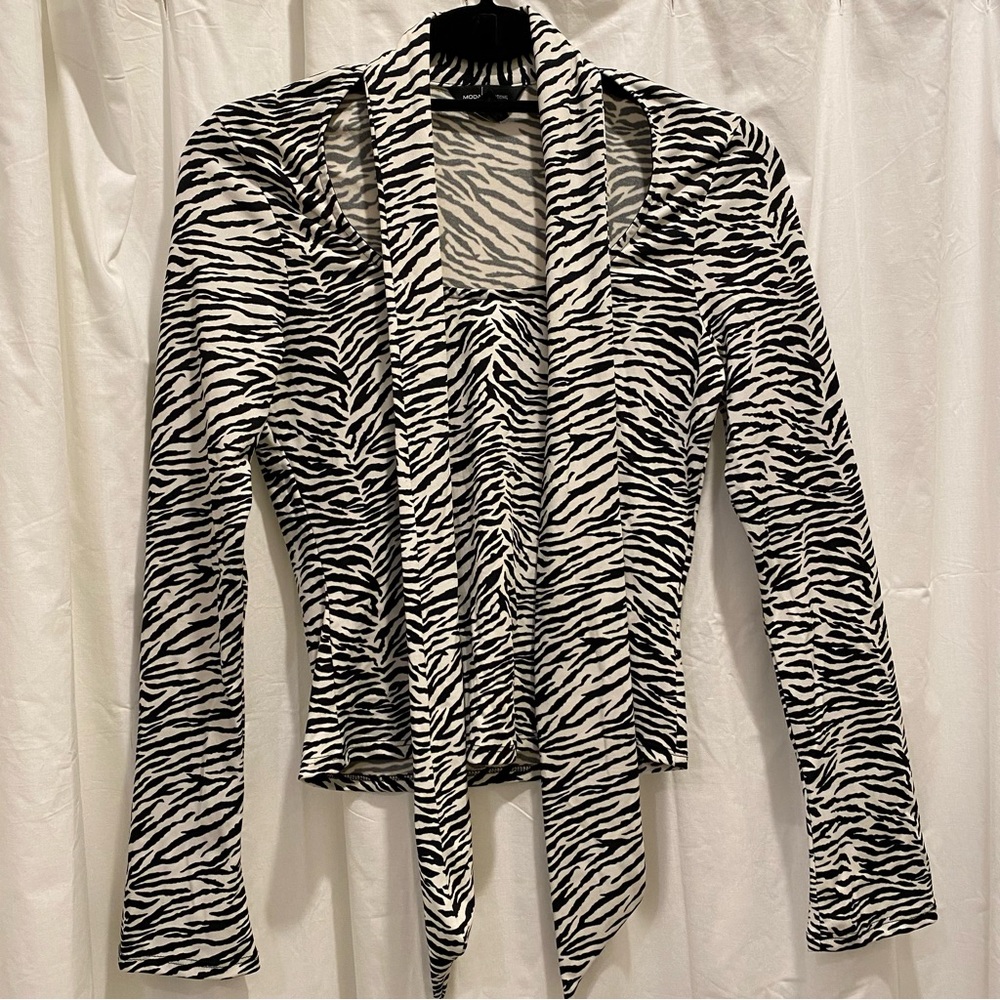 MODA INTERNATIONAL Zebra Print Tie Neck Blouse Size S